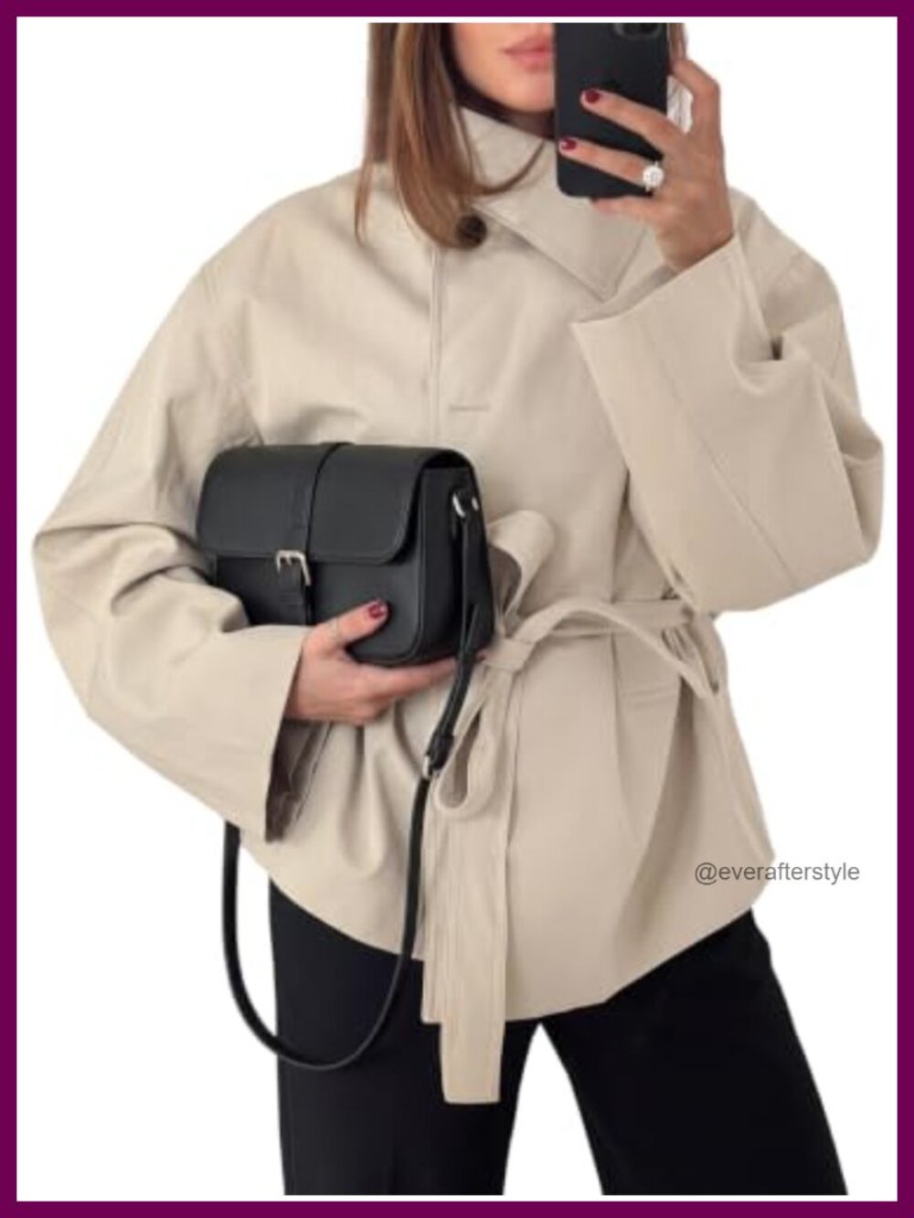 Women's Lapel Collar Self-Tie Belt Trench Coat Windproof Casual Jacket
